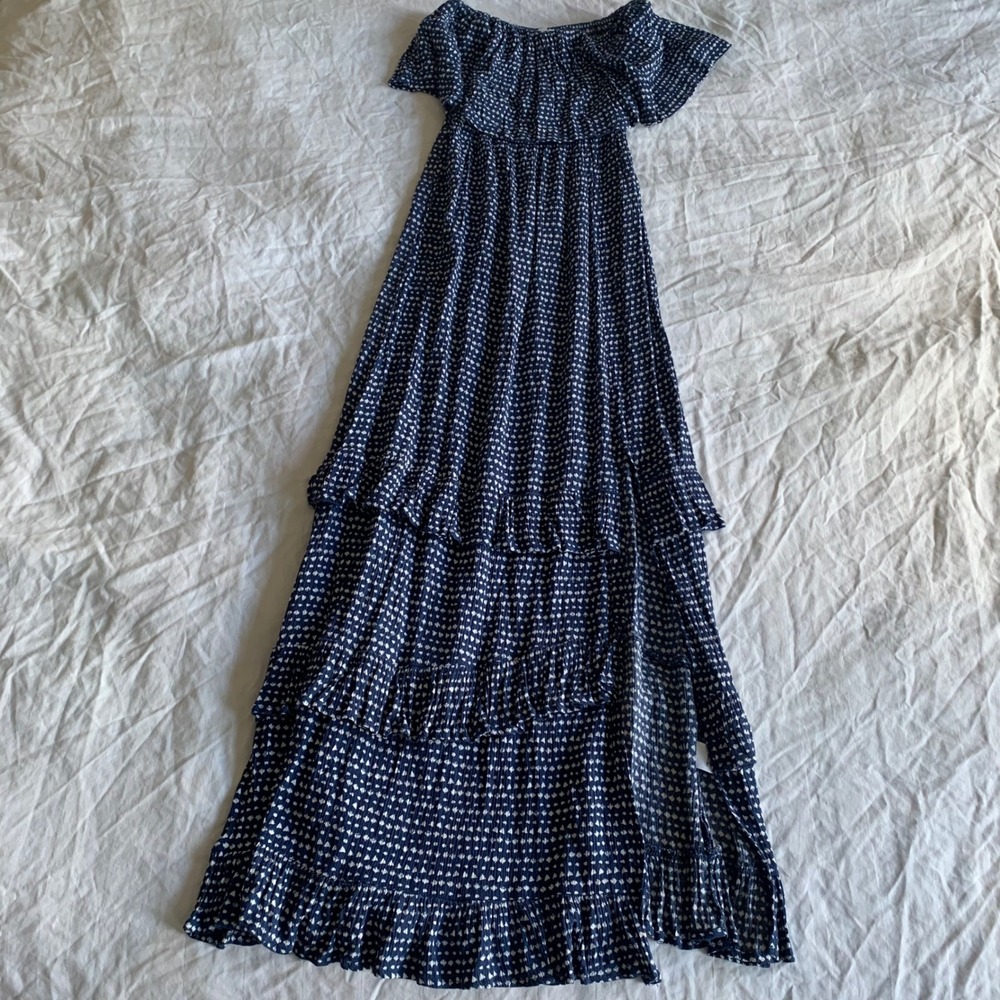 Skylar + Madison Small Maxi Dress Blue Tiered Ruffle Slit Sleeveless Flowy Light